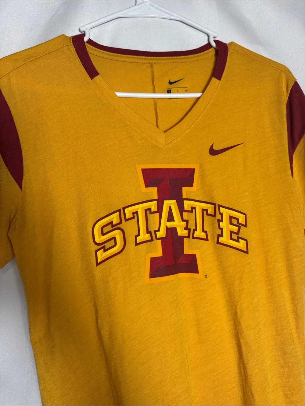 Nike Gold and Cardinal Big 12 Iowa State V-Neck Swimming and Diving T-Shirt S